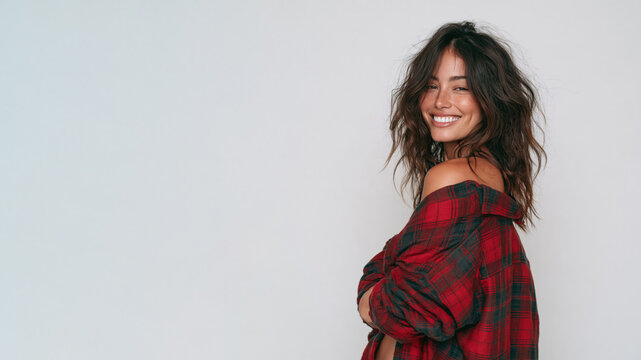 White girl with messy hair in oversized flannel shirt grunge style isolated on white background