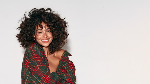 Afro girl with messy hair in oversized flannel shirt grunge style isolated on white background