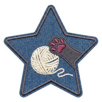 Cat paw playing with yarn ball embroidered denim star patch with charcoal gray border for pet lovers and crafting hobby themes