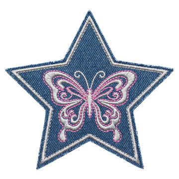 Denim star patch with intricate silver and pink embroidered butterfly design featuring detailed stitching for clothing decoration