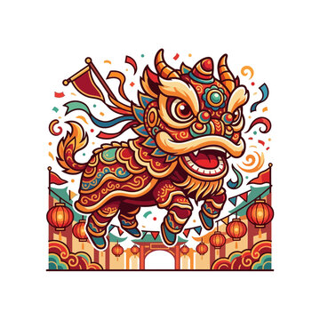 Vibrant chinese lion dance character with festive lanterns and flags