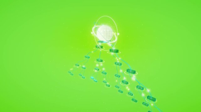 Hierarchical binary tree channels data pulses from a central hub across server tiers in a 3D animation on green screen, providing versatile tech compositing