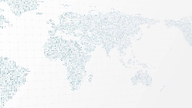 Blue digital square pixel world map background featuring seamless loop motion graphics with depth of field for industry 4.0, global, technology, corporate, IT, business, or broadcast presentation