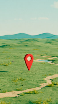 Realistic 3D Red Location Pin on Green Meadow with Winding Path and Distant Hills, GPS Navigation and Travel Destination Concept