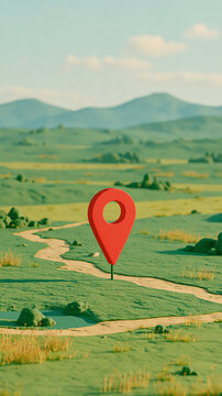 3D Red Location Pin on Green Countryside Landscape with Winding Roads and Distant Mountains, GPS Navigation and Travel Destination Concept