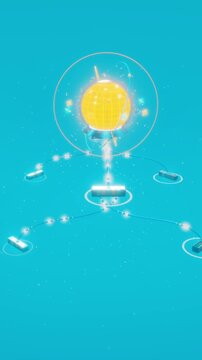 Hierarchical database tree routes luminous signals from an orbital golden sphere to data nodes in a vertical 3D animation on cyan, symbolizing radiant synergy
