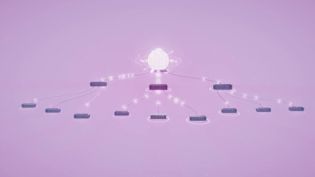 Data tree hierarchy branches from a glowing central server core in a sleek 3D animation with purple light pulses, symbolizing organized digital intelligence