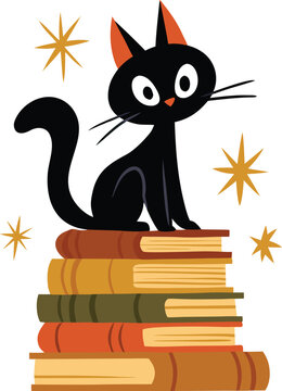 Black Cat Sitting on Books with Magic Stars