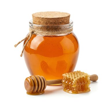 Golden Honey Jar with Honeycomb and Dipper on White Background