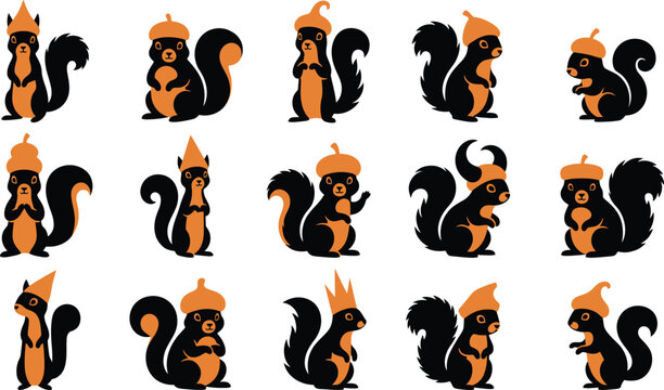 Variety of cute squirrel characters styled with acorn caps on white background icon set design element