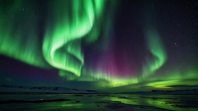 A breathtaking nighttime natural scene featuring the aurora borealis (northern lights) phenomenon. 