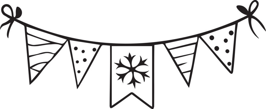 String bunting flags garland with snowflake, stripe, and polka dot patterns in black and white line art vector. Great for party decorations, KDP coloring pages, and crafts.