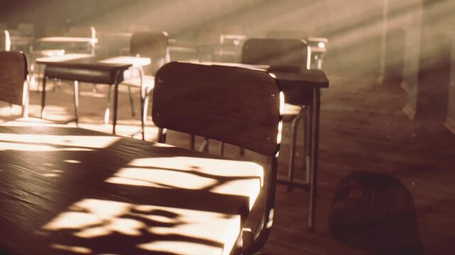 Bright natural light shines across wooden school desks and chairs in a quiet classroom during the late afternoon as dust particles float in the warm glow filling the vacant academic study space
