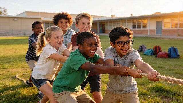Pulling six children in polos and shorts leaning back on school field holding thick rope