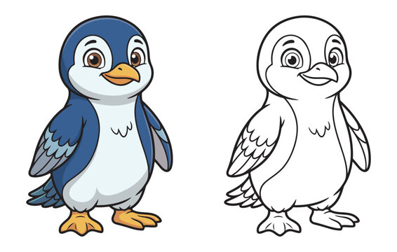 Cute penguin bird cartoon illustration with black outline for coloring page activity book. Colored version and line art drawing set for kids.