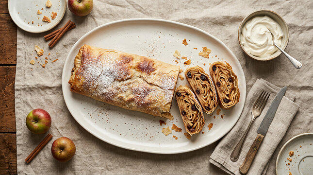 Delicious homemade apple strudel sliced on a white oval plate with whipped cream and cinnamon