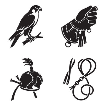 Falconry vector icons set with raptor bird, leather gauntlet glove, hunting hood, and jesses straps