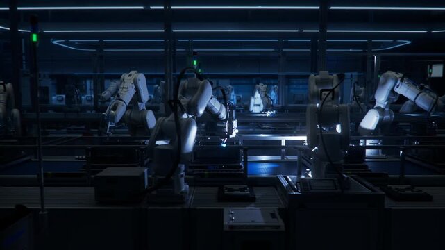 3D Animation: Automated Production Line with Robotic Arms on Dark Factory. Lights out Assembly Line with Autonomous Industrial Robot Arms. Welding and Manufacturing Automation. Side View