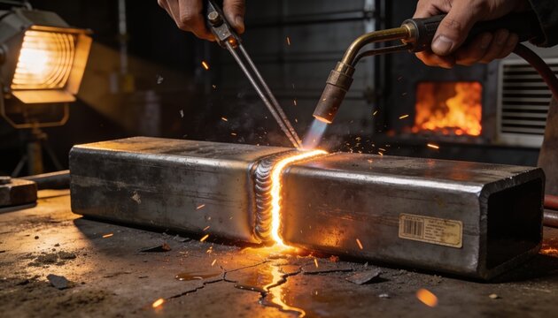 Welding hands wearing gloves guiding gas torch and filler rod on heavy workbench
