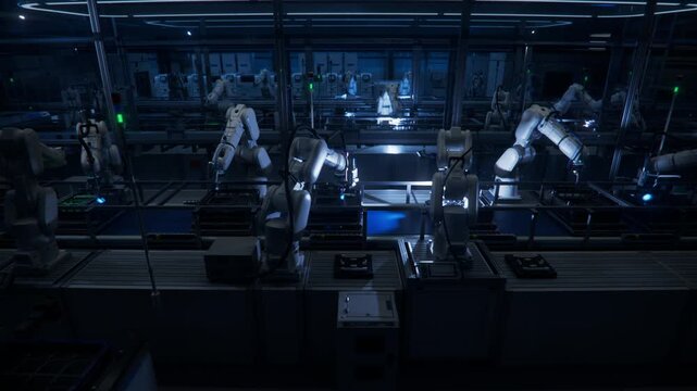 3D Animation: Lights out Assembly Line with Autonomous Industrial Robot Arms. Automated Production Line with Robotic Arms on Dark Factory. Welding and Manufacturing Automation. Side view