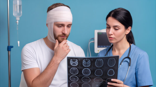 Medical professional explaining brain scan results to patient with head injury. Healthcare worker reviewing MRI film with young man wearing head bandage in hospital room.