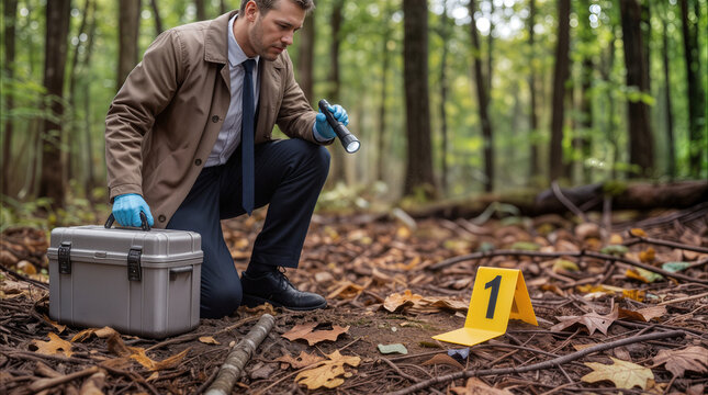 Detective examining evidence with flashlight at crime scene in autumn forest. Forensics investigator searching ground marked with yellow marker.