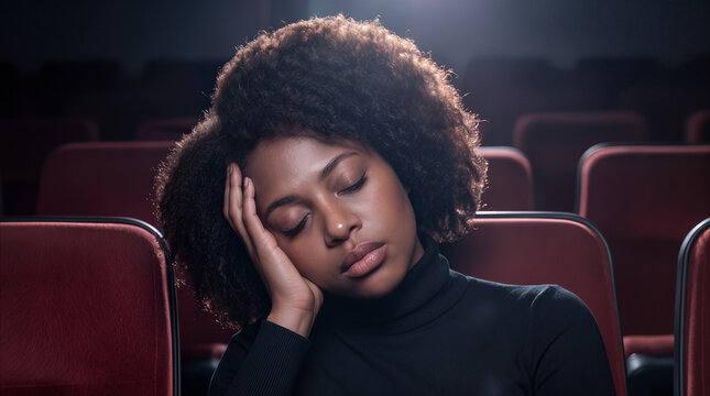 Exhaustion and sensory overload causing a fatigued woman to fall asleep alone in an empty cinema hall