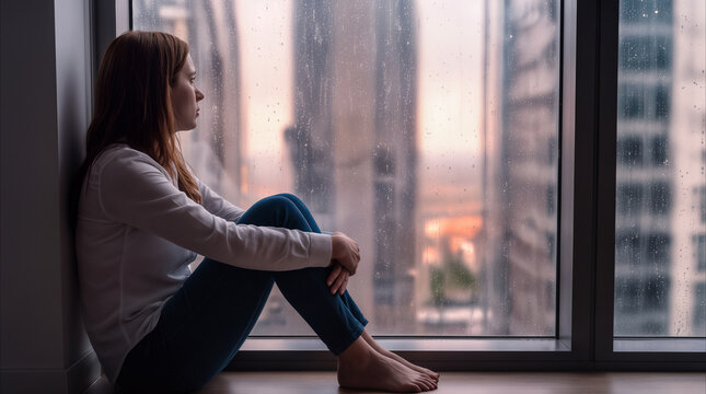 Melancholy and urban alienation isolating a contemplative young woman sitting alone on a rainy window sill