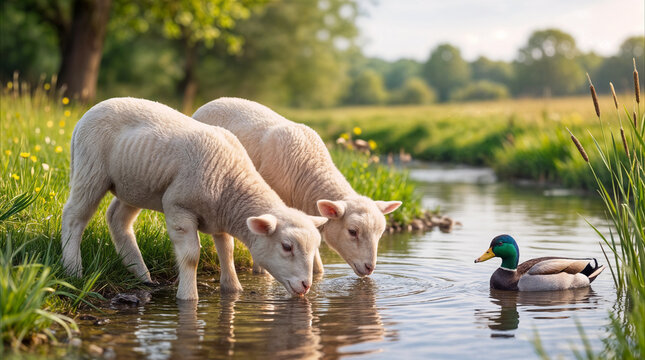 Gentle communion in nature unfolds as two young lambs drink peacefully from a sunlit meadow stream beside a mallard duck