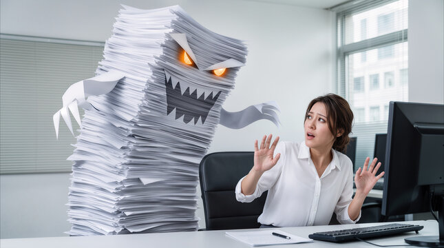 Paperwork monster terrorizing an office employee as administrative workload turns threatening and overwhelming