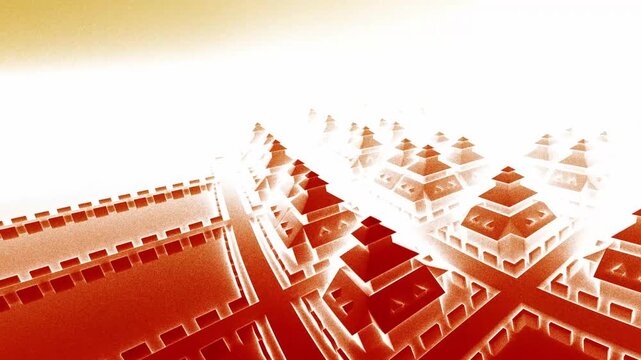 Terracotta city streets and walled houses extend into a radiant white atmosphere in a 3D animation, symbolizing structured community and harmonious expansion
