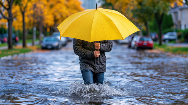 Pedestrian wading through deep floodwaters under a bright yellow umbrella, embodying resilience during suburban street flooding after heavy storm rainfall