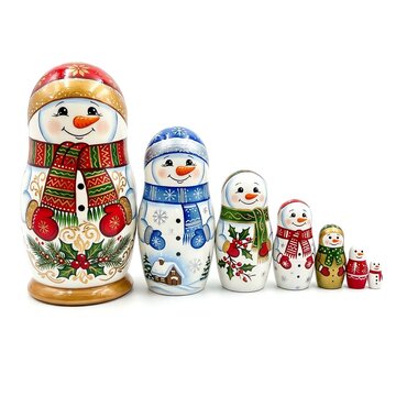 Collection of Hand-Painted Snowman Matryoshka Dolls on White Background
