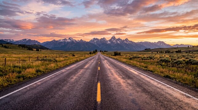 Long straight road heading towards snowcapped mountains during a colorful sunset
