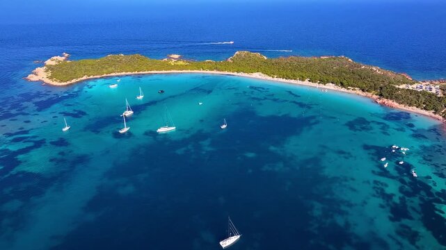 Aerial view of bay with yachts near Capo Coda Cavallo, Sardinia