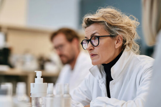 A focused scientist in a laboratory setting, reflecting intense concentration as she evaluates data and experiments, highlighting dedication and innovation in scientific research.