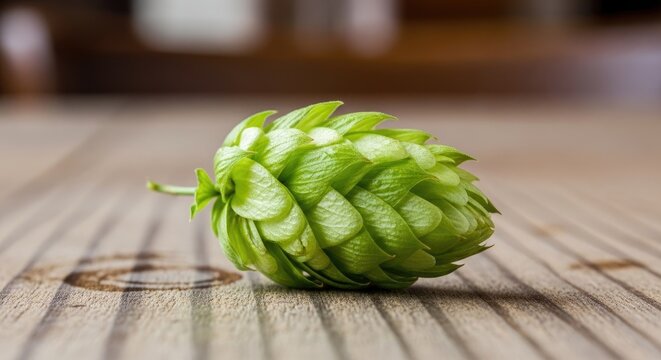 Fresh green hop cone close up on wooden table.