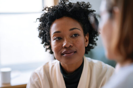 This image captures a close-up interaction, highlighting the emotional connection and attentiveness between two individuals in a bright, welcoming environment.