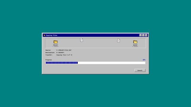 A classic retro computer file transfer dialog featuring vintage gray window styling, monospaced system text, and a blue progress bar advancing to completion.