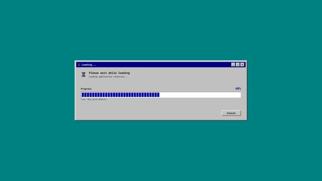 retro computer loading dialog with a blue segmented progress bar, vintage gray operating-system window, and monospaced system text.