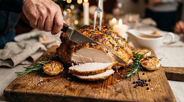 Person Carving a Delicious Roasted Turkey for a Holiday Meal