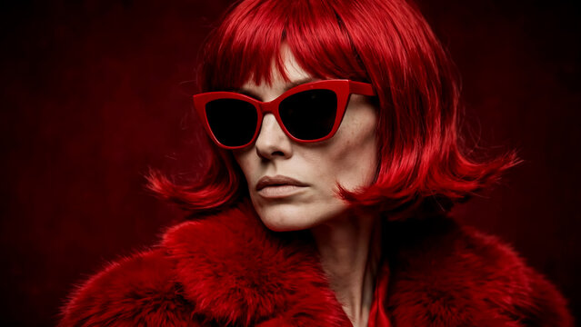 Woman red sunglasses red fur coat bold portrait dramatic lighting
