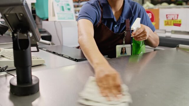 Unrecognizable young female cashier spraying sanitizer and wiping checkout counter with cloth. Clip suitable for retail hygiene protocols and supermarket safety promotions