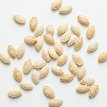 Scattered Pumpkin Seeds on White Background