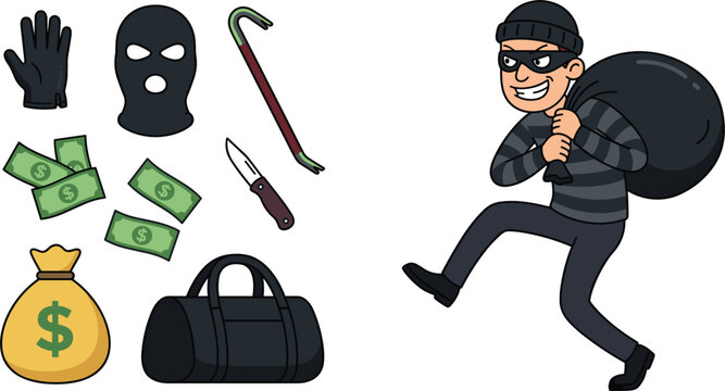 Cartoon burglar character carrying stolen money sack with various criminal robbery tool elements vector illustration set