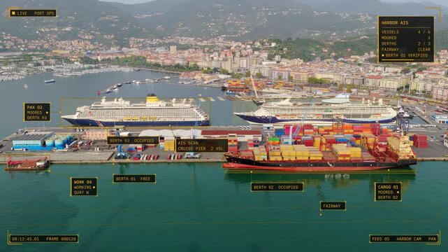 Aerial sideways tracking shot of La Spezia, Italy: container ship and cruise ships in the port with amber control room overlay, AIS vessel IDs, berth labels. Concept of maritime shipping, smart port