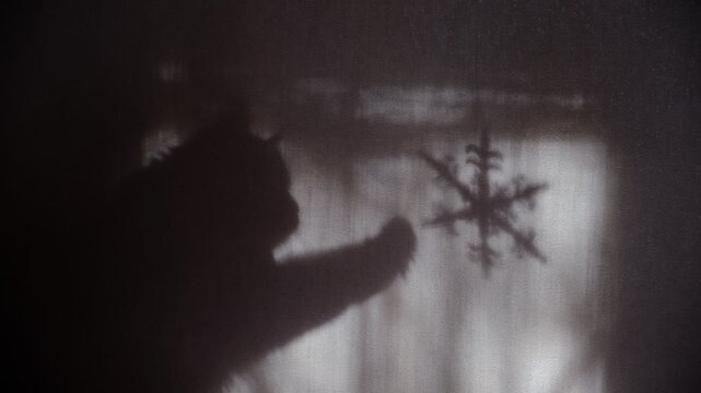 Cinematic scene, child is playfully dangling a snowflake on a string, simple magic of the moment. Her beloved cat trying to catch the snowflake, heartwarming interaction. Domestic amusing moments.