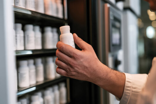 A close-up of a man&rsquo;s hand reaching for a white bottle among multiple similar bottles on a shelf, emphasizing health, wellness, and accessibility to medicinal products.