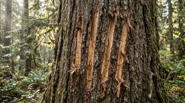 bear claw marks on tree bark photorealistic wildlife evidence in forest conservation camping safety