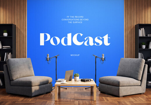 Podcast Studio Background Mockup with Microphones